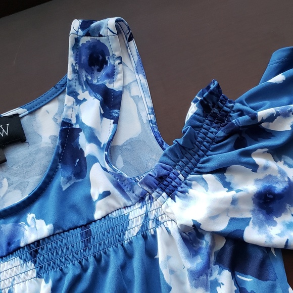 AUW Cold Shoulder Blue Floral Blouse Small - Picture 6 of 7